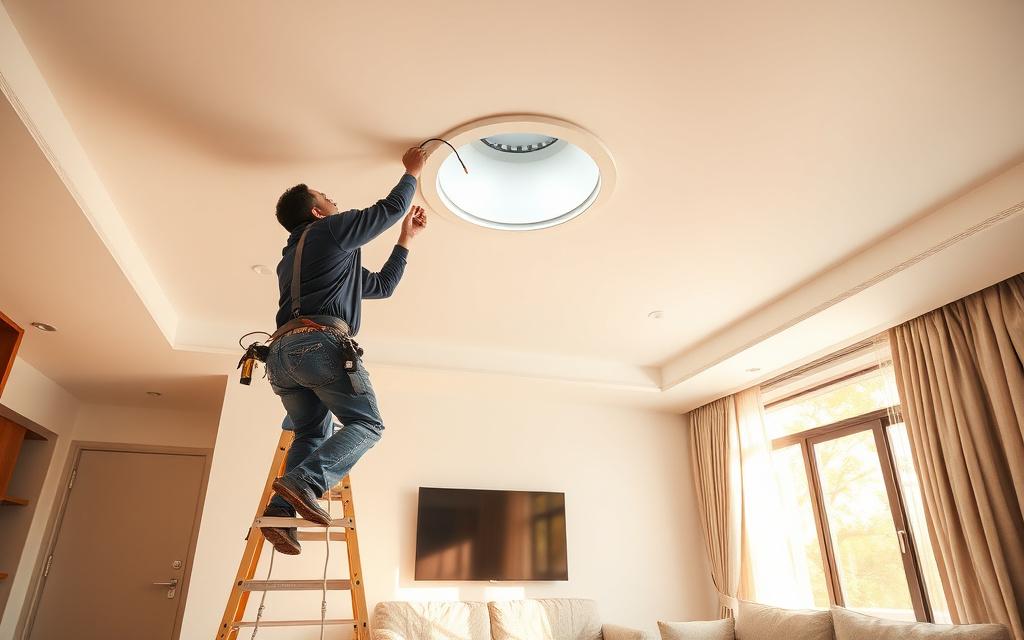 Electrician fitting a ceiling light in a living room