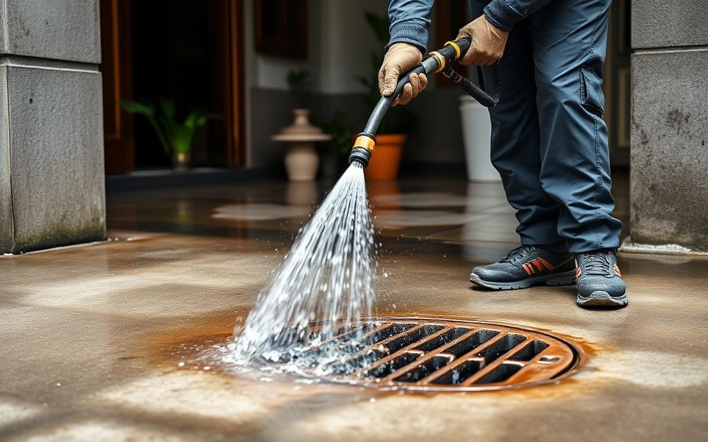 High-pressure jetting of a blocked floor drain