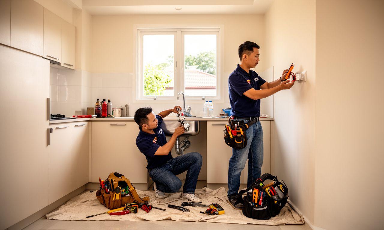 Appdesk plumber and electrician working together in a Kuala Lumpur home