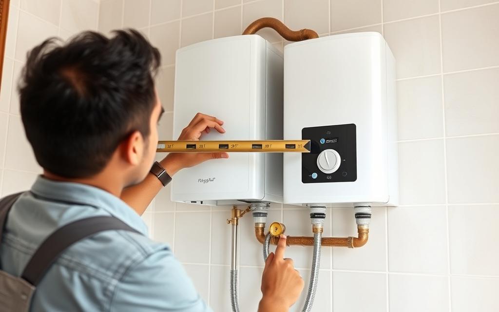 New storage water heater being installed on a bathroom wall