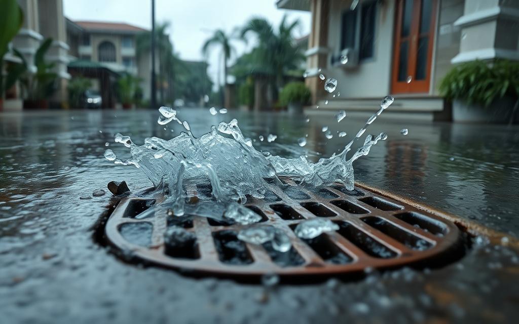 Heavy rain flowing over an outdoor drain grate