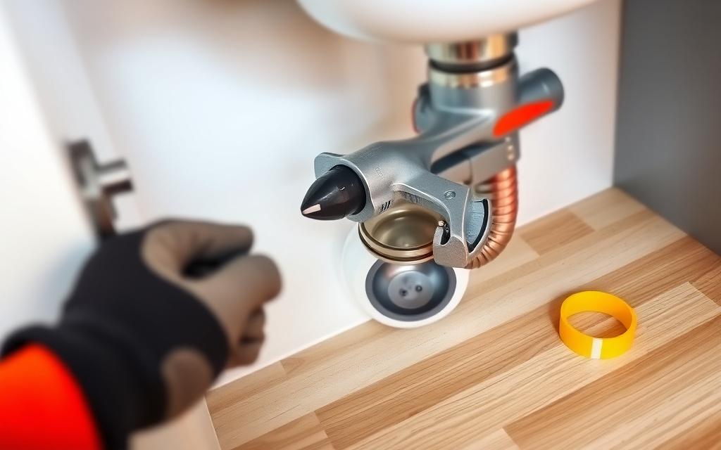 Technician repairing a leaking kitchen sink trap