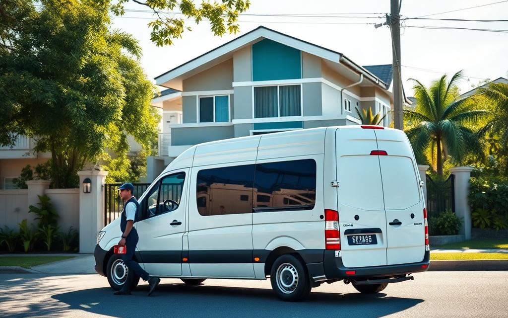 Appdesk service van arriving at a terrace house in Ampang
