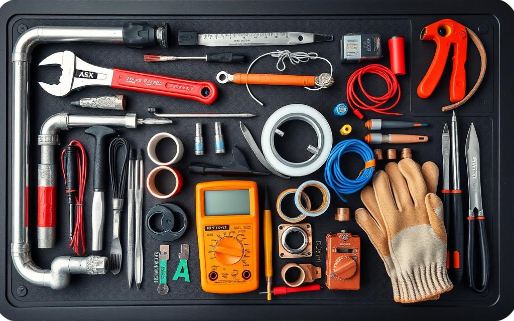 Organised workbench of plumbing and electrical tools